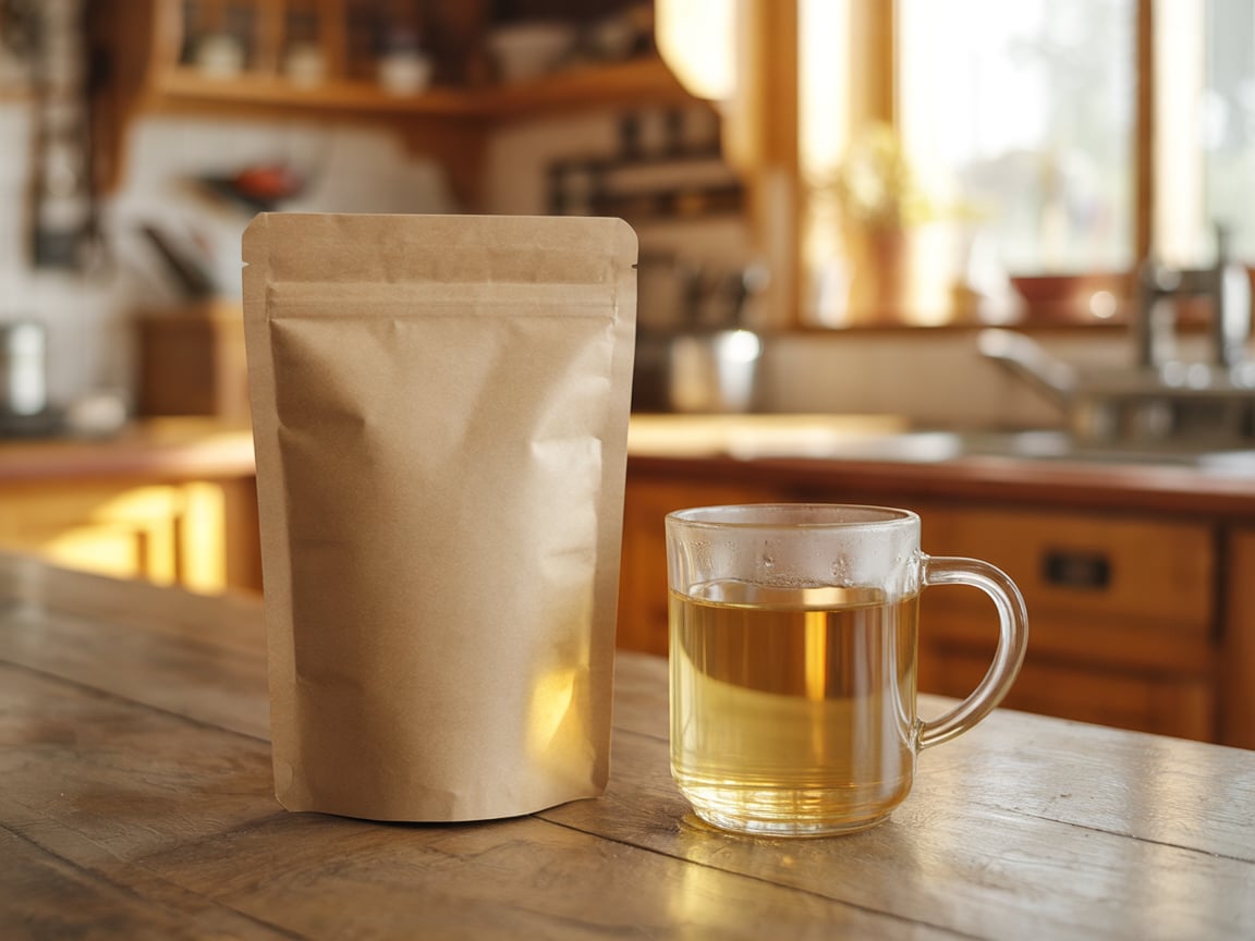 A plain unlabeled pouch beside a mug of warm drink on a wooden table