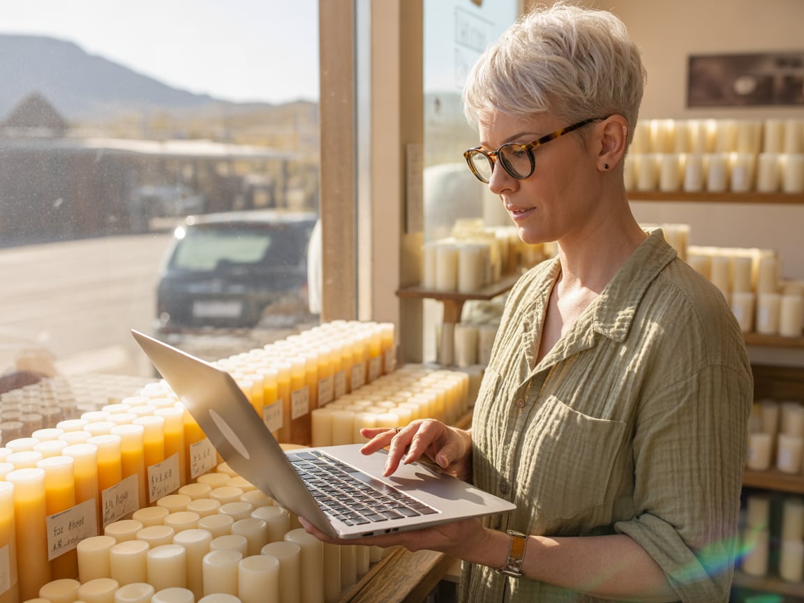 A woman looking at a laptop behind the counter of her small candle shop