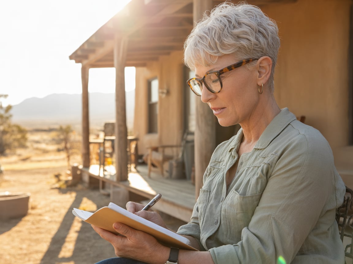 A woman writing in a notebook on her porch at sunset