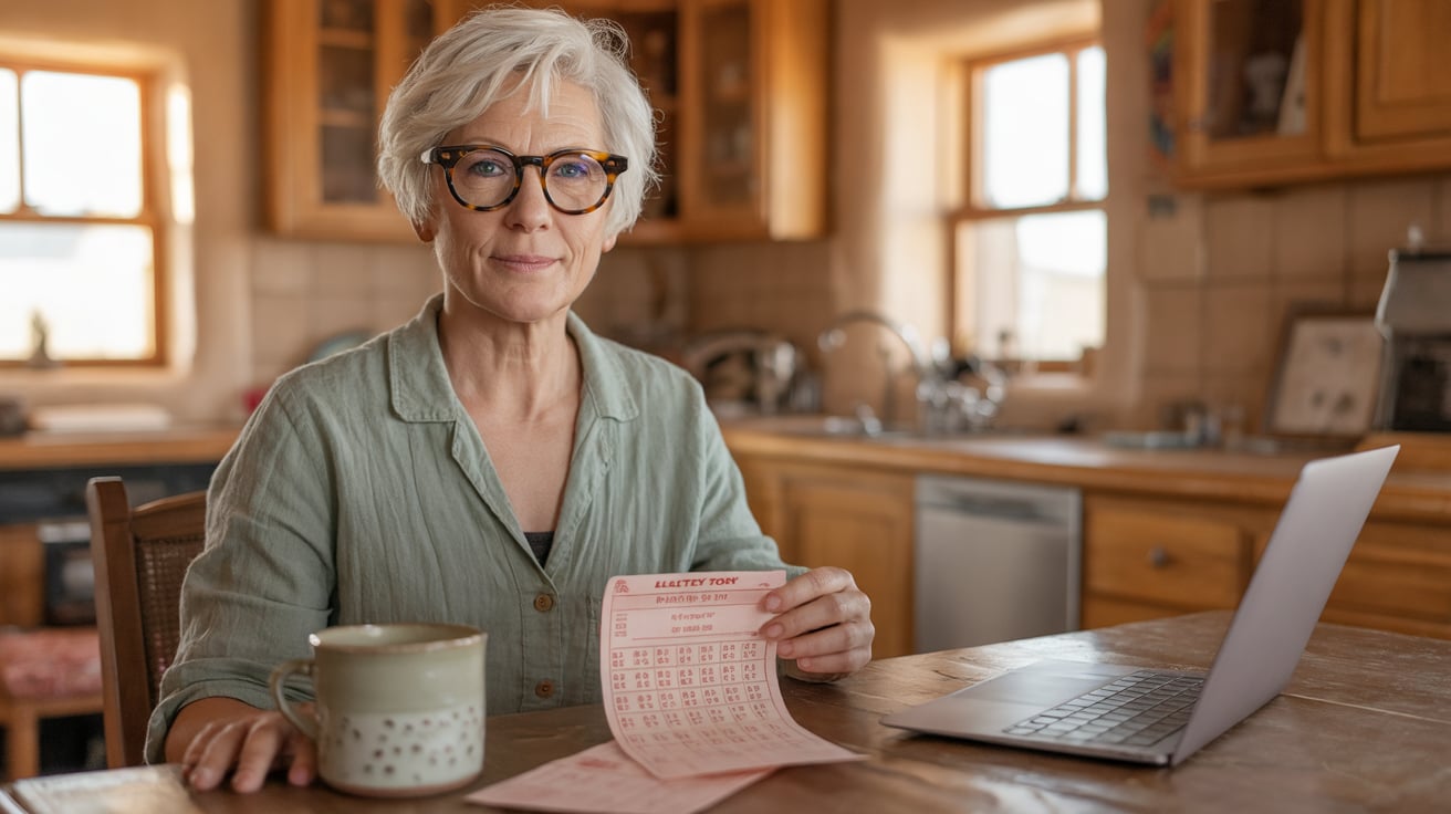 A woman at her kitchen table with a lottery slip, a laptop and a mug in evening light