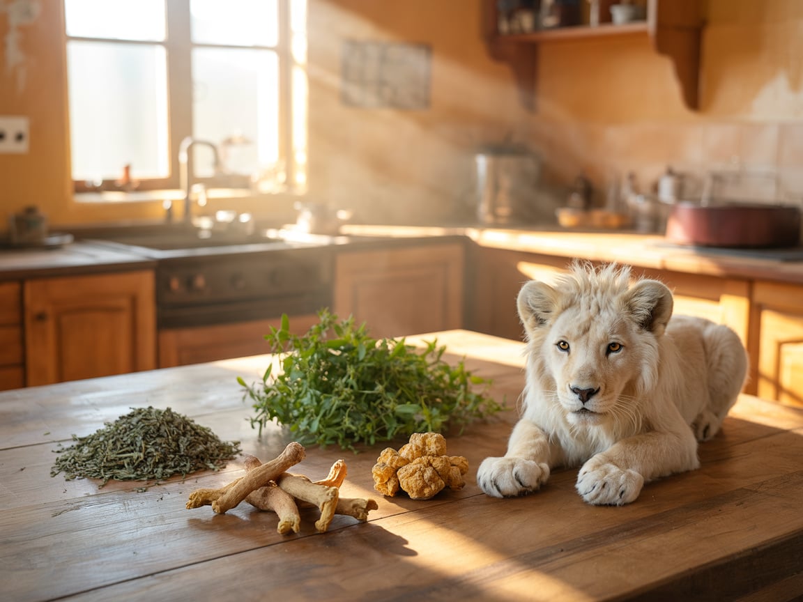 Green tea leaves, herbs, dried roots, a lion